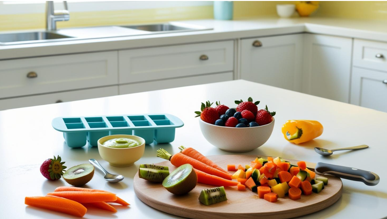 Clean white kitchen with fresh fruit and vegetables laid out on the counter in reusable containers.