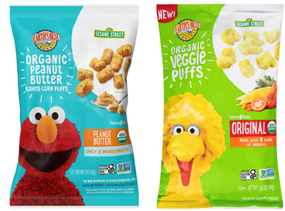 Earth's Best Organic Peanut Butter Puffs and Veggie Puffs bags.