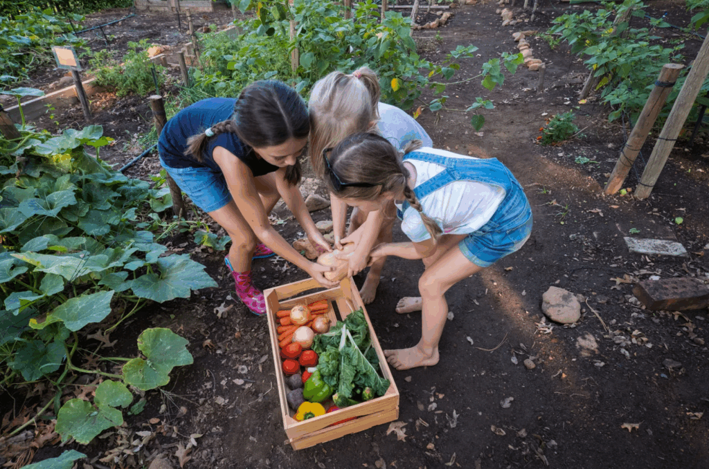 3 young kids are around a wooden box filled with fresh vegetables from the surrounding garden.