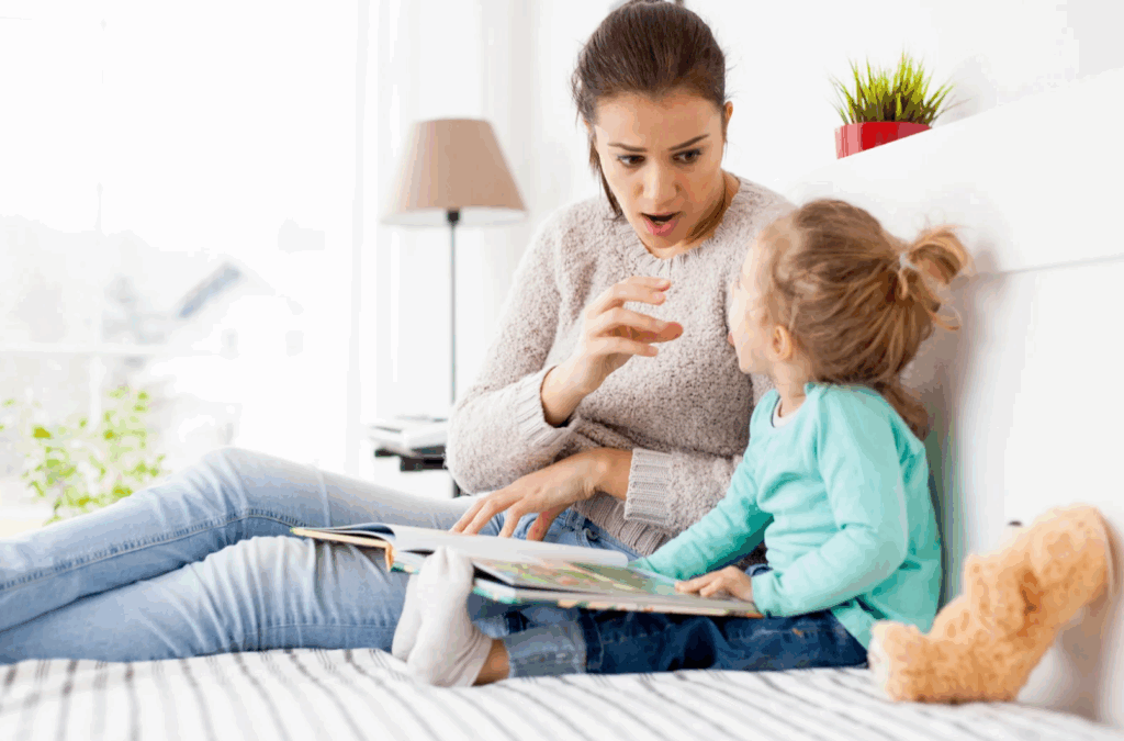 Mindful moment between a mom and child reading a story together.