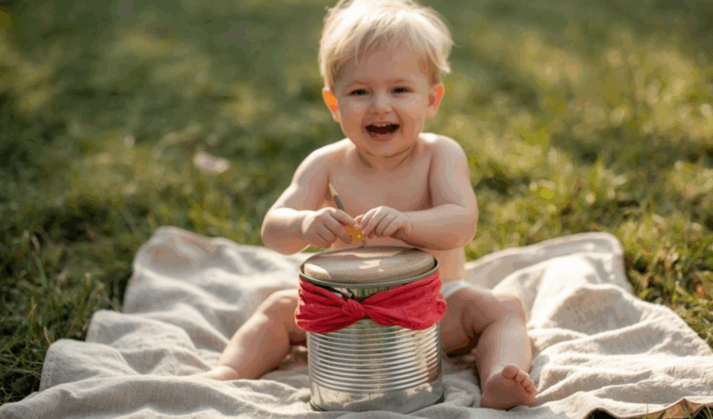 Baby sitting on a picnic ass playing with a tin can drum.