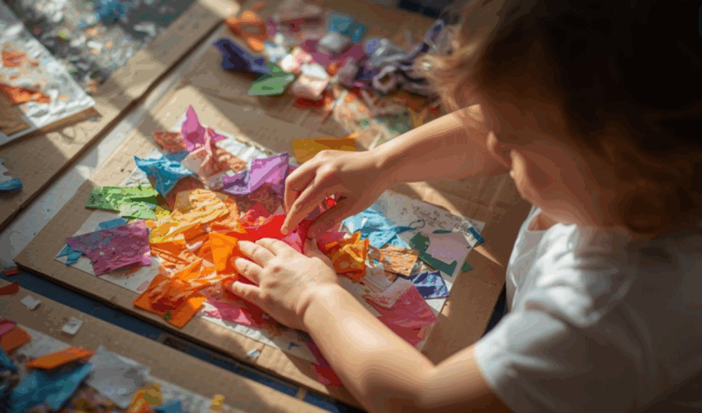 A young child is making a collage on cardboard using a variety of colored tissue paper.