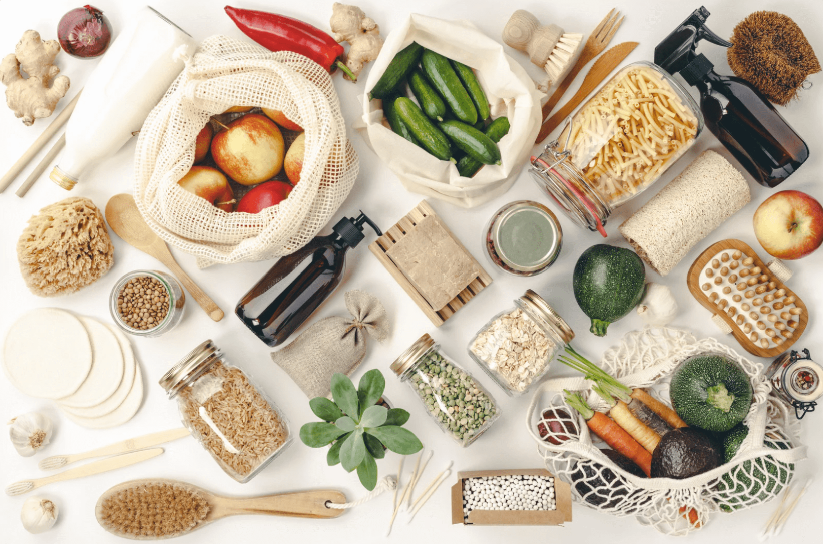 Sustainable Habits. Sustainable Living. Eco-Friendly Parenting. A variety of sustainable fabrics, containers and items.