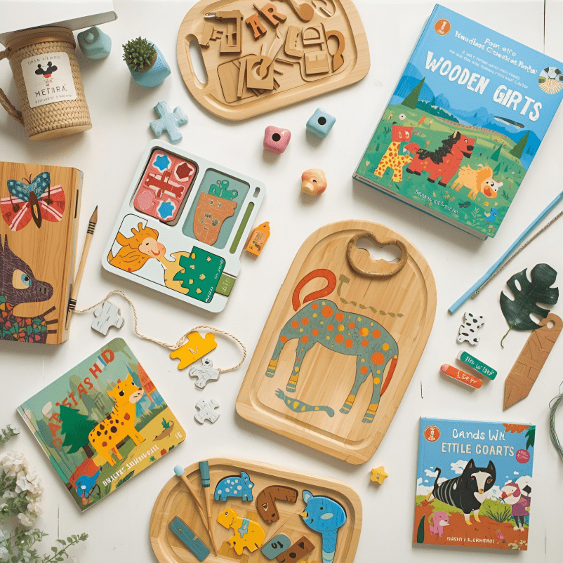 Sustainable gifts for kids. Wooden toys, DIY and books.