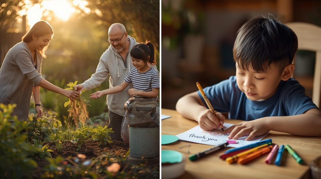 Sustainable and Mindful Advent Calendar Ideas. DIY Advent Calendar. Child helping in the community and writing thank you cards.