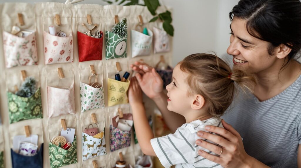 Sustainable Advent Calendar with cloth pockets and reusable items inside. Happy parent and child. DIY Advent Calendar Ideas.