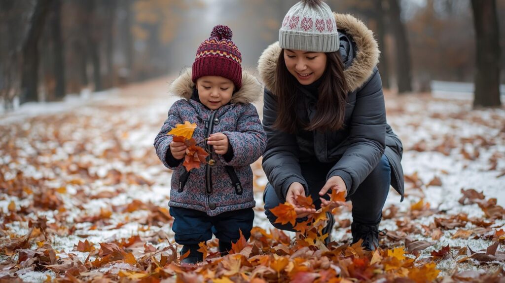 Mindful Advent Calendar Ideas DIY Advent Calendar parent and child collecting leaves in winter.