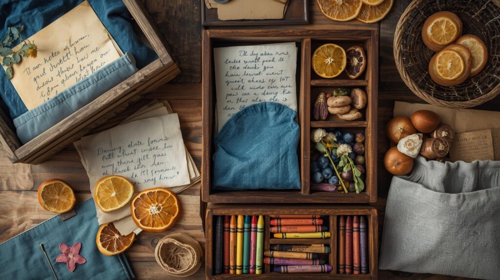 Sustainable and Mindful Advent Calendar Ideas. DIY Advent Calendar. Wooden box with notes, homemade treats, dried oranges and beeswax crayons.